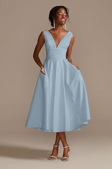 Wedding Dresses - DB Studio Satin V-Neck Tea Length A-Line Dress Style # SDWG0970 – View Image 1 Modern Short Wedding Dress, Blue Wedding Nails, Tea Length Skirt, Tea Length Dresses, Short Wedding Dress, Slim Dresses, Blue Check, Tea Length, Davids Bridal