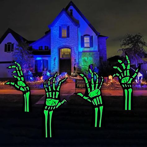 Black Light Halloween, Yard Party Decorations, Halloween Yard Signs, Halloween Lights Decorations, Beetlejuice Halloween, Holidays Ideas, Black Skeleton, Yard Party, Dark Design