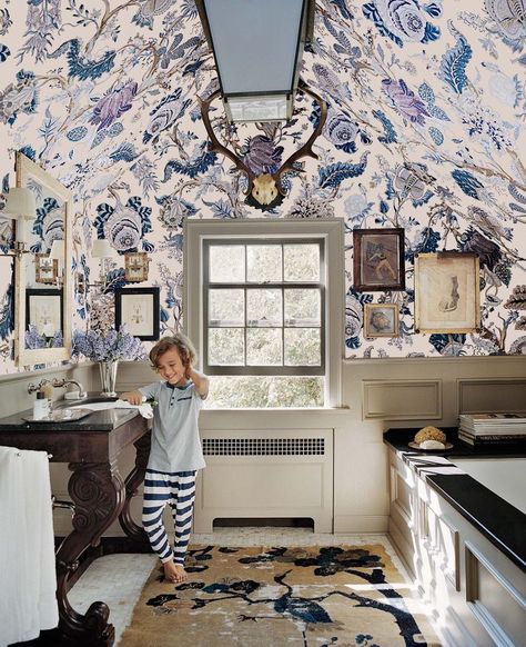 Bathroom Inspiration — The Fox & She Schumacher Indian Arbre, Wallcovering Pattern, Industrial Wallpaper, Schumacher Wallpaper, Large Scale Floral, Schumacher Fabric, Spring Wallpaper, Spring Fabric, Lifestyle Design