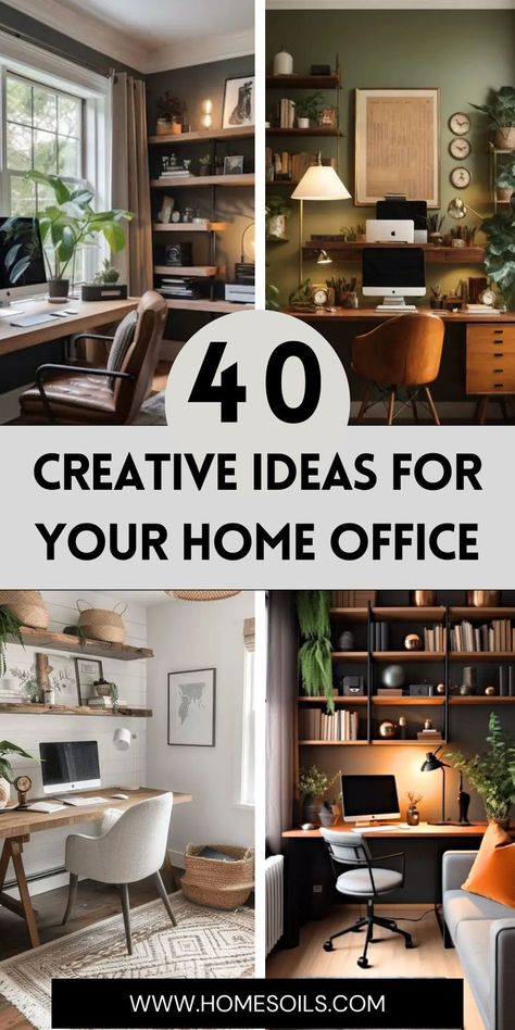 Transform your workspace with 40 creative ideas for your home office that enhance productivity and style. Discover these inspiring designs on our website. Small Home Offices For Men, Home Office In Open Space, Man Office Decor Home, Awkward Office Layout, Living Room Home Office Ideas, Navy And White Office Ideas, Moody Home Office Inspiration, Vintage Home Office Decor, Studio Apartment Office Space Ideas