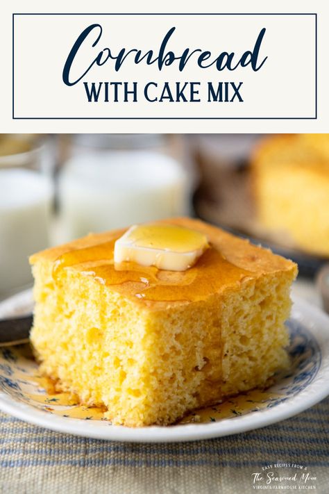 Cornbread Yellow Cake, Sweet Cornbread Cake Recipe, Cornbread Cake Recipe, Jiffy Cornbread Recipes, Beans And Greens, Yellow Cake Mix Recipes, Oven Fried Fish, Easy Cornbread, Chili Pot