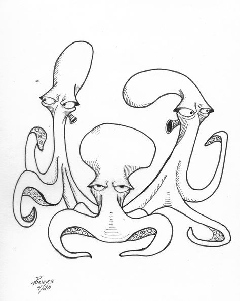 Saw these guys and had to sketch them. #art #cartoon #octopus #gang #humor #funny #pen #ink Funny Octopus Drawing, Cartoon Octopus Drawing, Octopus Art Drawing, Squid Drawing, Octopus Cartoon, Octopus Sketch, Sea Monsters Drawing, Underwater Drawing, Cartoon Octopus