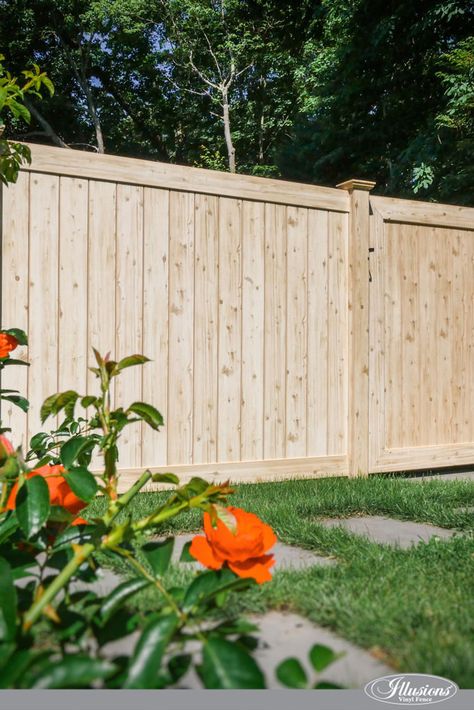 Wood Vinyl Fence, Treated Wood Fence, Wood Fence Styles, Privacy Fencing, Wood Fences, Wood Grain Vinyl Fence, Vinyl Picket Fence, Eastern White Cedar, Vinyl Fence Panels