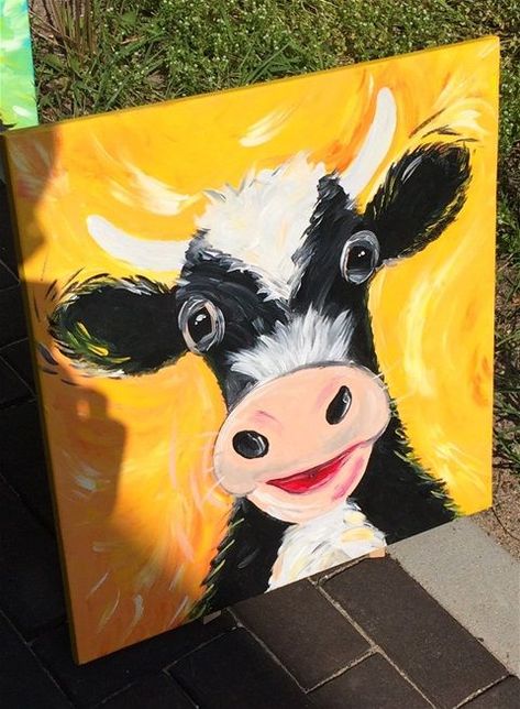 Cow Paintings On Canvas, Farm Animal Paintings, Animal Paintings Acrylic, Bull Painting, Christmas Paintings On Canvas, Cow Canvas, Whimsical Paintings, Farm Art, Easy Canvas Painting