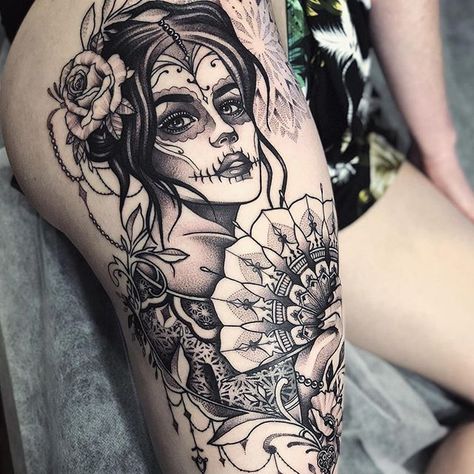 ~Sugar Skull Girl~ Skull Thigh Tattoos, Sugar Skull Girl Tattoo, Candy Skull Tattoo, Girl Thigh Tattoos, Skull Art Tattoo, Catrina Tattoo, Skull Girl Tattoo, Floral Thigh Tattoos, Flower Thigh Tattoos