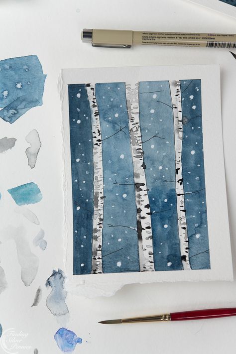 How to paint watercolor birch trees - Finding Silver Pennies Paint Birch Trees, Watercolor Birch Trees, Watercolor Christmas Cards Diy, Tree Watercolor Painting, Birch Tree Art, Watercolor Supplies, Learn Watercolor Painting, Learn Watercolor, Paint Watercolor