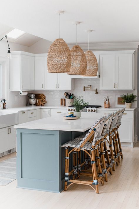 Coastal Dining Rooms, Kitchen Cabinets And Backsplash, Backsplash Kitchen White Cabinets, Blue Kitchen Island, Life On Virginia Street, Coastal Dining, Serena Lily, Classic Kitchen, Table Sets