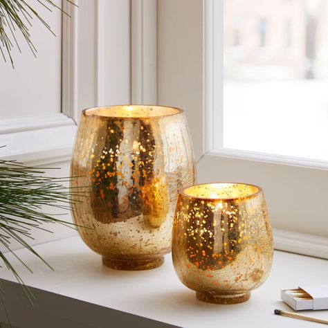 Gold Crackle Mercury - Winter White (Winter Cypress & Evergreen) | west elm Canada Gold Mercury Glass Candle Holders, Apartment Manifestation, Candle Gold, Gold Gallery, Modern Candle, Gold Candle, Candle Ideas, Modern Christmas Decor, Concrete Candle