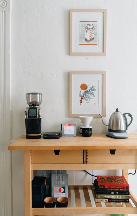 Ikea Coffee Cart, Dining Room Cart, Coffee Cart Kitchen, Small Apartment Coffee Bar, Coffee Spot At Home, Coffee Bar Simple, Coffee Cart Decor, Coffee Space In Kitchen, Coffee Cart Home