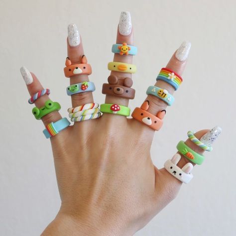 Polymer Clay Rings, Fimo Ring, Diy Clay Rings, Cute Forest, Polymer Clay Ring, Clay Rings, Instruções Origami, Polymer Clay Figures, Pinterest Diy Crafts