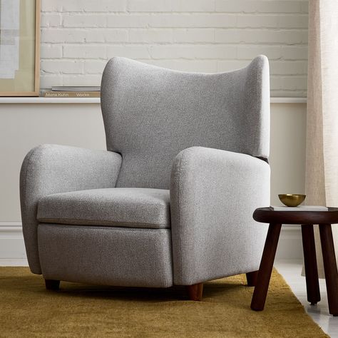 Modern Recliners In Living Room, Recliners In Living Room, Modern Living Room Chairs, West Elm Sofa, Upholstered Chairs Fabric, Single Arm Chair, Modern Recliner, Chair Designs, Recliner Chairs