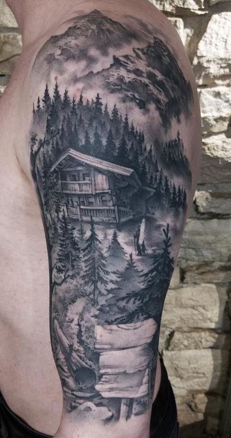 Cabin Tattoo, Forest Tattoo Sleeve, Natur Tattoo Arm, Wilderness Tattoo, Outdoor Tattoo, Wood Tattoo, Forest Tattoo, Grey Forest, Black Cabin