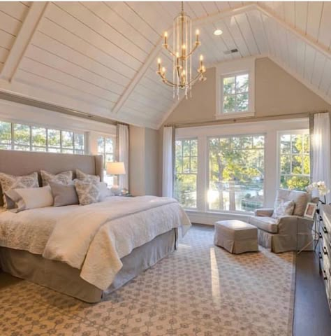 light and bright master bedroom, vaulted ceiling Bedroom Vaulted Ceiling, Vaulted Ceiling Bedroom, Vaulted Ceiling Ideas, Vaulted Ceiling Living Room, Bedroom Addition, Home Addition, Bedroom Ceiling, Home Additions, Master Bedrooms Decor