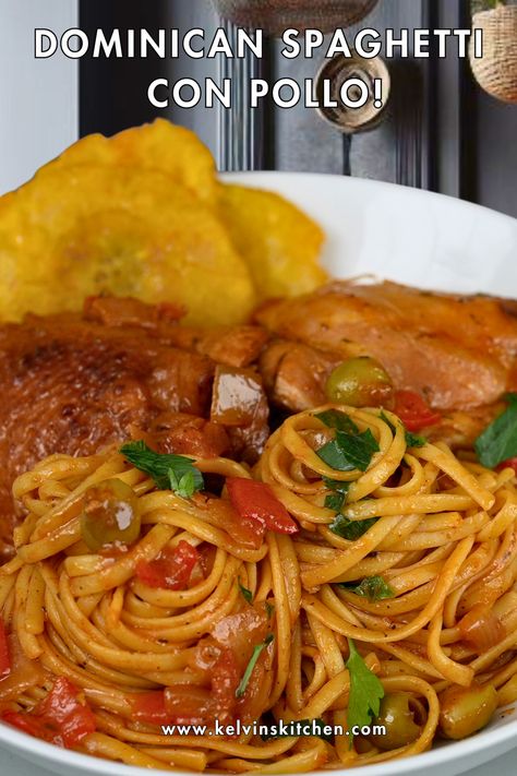 Indulge in the savory fusion of Dominican and Italian flavors with our mouthwatering Dominican Chicken Pasta recipe. Tender chicken thighs, al dente spaghetti, and crispy Tostones – all in one irresistible dish. Dominican Chicken Recipes, Dominican Spaghetti Recipes, Chicken Tostones, Dominican Chicken, Dominican Spaghetti, Chicken Spaghetti Recipes, Texture Contrast, Chicken Spaghetti, Food Baby