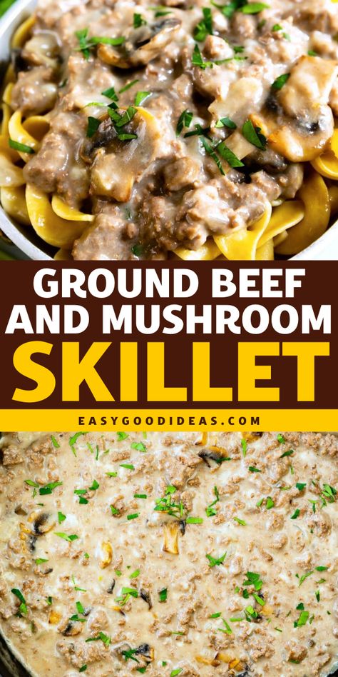 Craving cozy winter dishes or best comfort food recipes? This Creamy Beef and Mushroom Skillet is ready in just 30 minutes with a handful of ingredients! Perfect for warm dinner ideas, it’s rich, hearty, and delicious when served over pasta or rice. A simple, satisfying meal for chilly nights! Ground Beef With Mushroom Soup, Beef Crumble Recipes, Ground Beef Christmas Recipes, Ground Beef Mushrooms Recipes, Ground Beef Quick Dinner, Winter Ground Beef Recipes, Dinner Ideas With Mushrooms, Beef And Mushroom Recipes, Warm Dinner Ideas