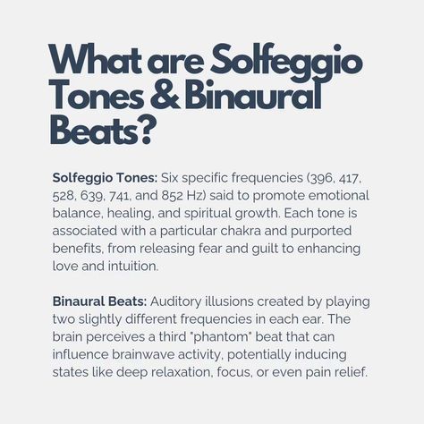 Are you a fan of using sound in your breathwork practice? Or do you prefer silence? I've been listening to music with solfeggio tones and binaural beats for years but never really thought about how they work so, thanks to hyperfocus mode, decided to look deeper in to them. Soleggio tones are said to vibrate at a different level and is associated with different emotions or intentions. For example, 528 Hz is known as the "love frequency" and is believed to promote healing and transformation.... Binaural Beats Benefits, Binaural Beats Frequencies, Love Frequency, Stay Curious, Solfeggio Frequencies, Sound Therapy, Binaural Beats, Healing Vibrations, Energy Medicine