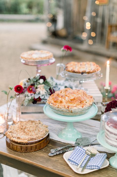 Elegant pie table for a romantic wedding at The Hideout Kirkwood Pie Bar At Wedding, Wedding Pie Display, Farm To Table Appetizers, Wedding Cookies Table, Cake And Dessert Table Wedding, Pie At Wedding, Pie Table Wedding, Small Wedding Food Ideas, Wedding Serving Table