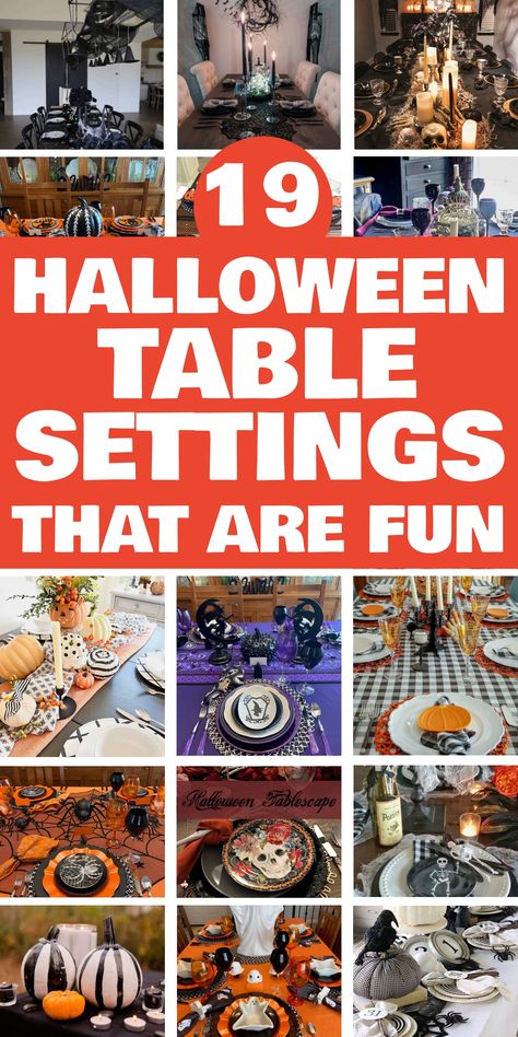 19 creative and fun Halloween table setting ideas with spooky decorations including pumpkins, candles, and skeletons. Halloween Table Settings, Halloween Party Table, Halloween Placemats, Halloween Symbols, Halloween Tablescape, Halloween Centerpiece, Halloween Table Decorations, Elegant Halloween, Dinner Table Decor