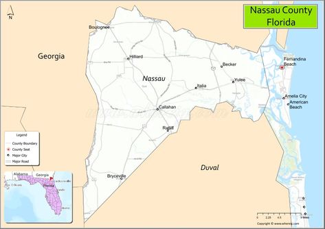 Map of Nassau County, Florida showing cities, highways & important places. Check Where is Nassau County Located, largest cities, population, areas, and travel info at Whereig.com. Time Zone Map, Zip Code Map, Florida Map, States And Capitals, Nassau County, County Map, United States Map, Country Maps, Usa Map