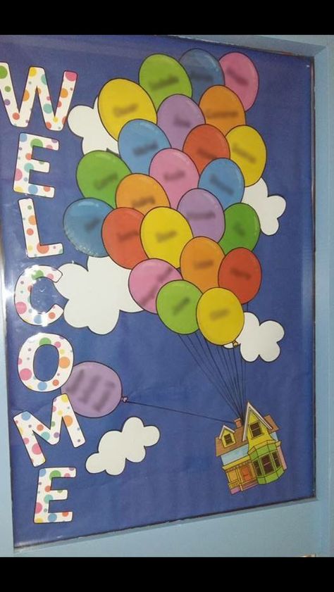 Up Up And Away Bulletin Board AD6 Welcome Classroom Door Ideas, Classroom Display Boards, Classroom Door Displays, Eyfs Classroom, Classroom Welcome, School Decoration, School Door Decorations, Preschool Bulletin, Preschool Bulletin Boards