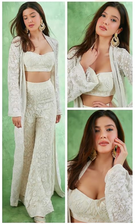 White Outfits Indian, 3 Piece Traditional Wear, 3 Piece Indian Outfit, Mendhi Night Outfit Guest, Two Piece Outfits Traditional, Co Ord Sets Pants Indian Wedding, White Sarara Dress, Indian Modern Outfits, Indian Wedding Outfits For Bridesmaid