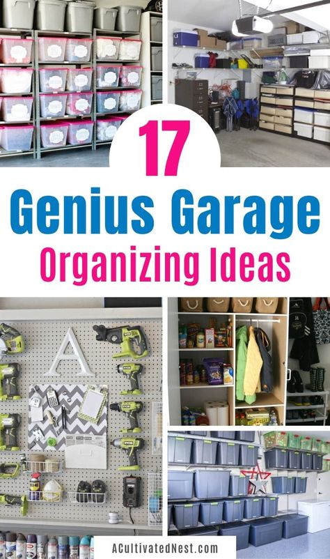 17 Brilliant Garage Organization Ideas- Tired of your garage being a mess? For inexpensive and easy ways to get it in order, check out these brilliant garage organization ideas! | #garageOrganization #organizingTips #organize #organization #ACultivatedNest Garage Organization Bikes, Garage Declutter, Garage Organization Cheap, Small Garage Organization, Garage Organization Ideas, Cheap Organization, Shed Organization, Garage Organization Diy, Small Garage