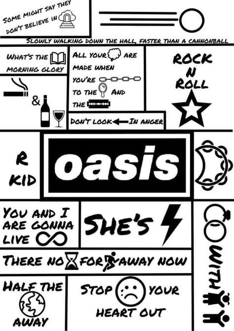 Brit Pop Poster, Brit Pop Tattoo, Britpop Tattoo Ideas, Liam Gallagher Tattoo Ideas, The Verve Tattoo, Oasis Tatoos, Oasis Lyrics Tattoo, Oasis Lyrics Aesthetic, Oasis Band Tattoo