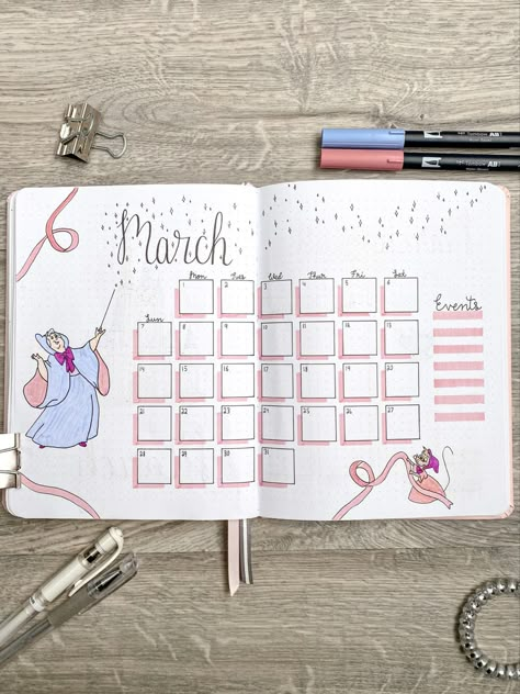 Cinderella theme monthly spread in a bullet journal! The fairy godmother is holding her magic wand, and a little mouse in a pink dress is helping out by holding some ribbon! Inside Out Bullet Journal, Disney Bujo Theme, Disney Journal Pages, Frozen Bullet Journal, Disney Journal Ideas, Disney Travel Journal, Disney Bullet Journal Ideas, Disney Bujo, Bullet Journal Savings