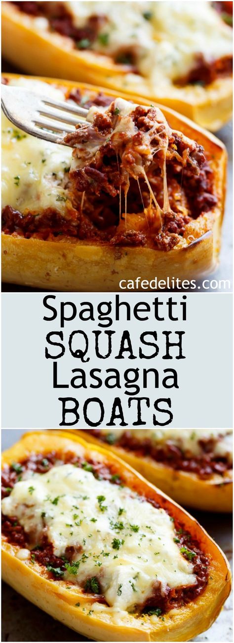 Spaghetti Squash Lasagna Boats are an easy, low carb answer to lasagna! With layers of spaghetti squash, bolognese sauce, creamy ricotta and mozzarella! | https://cafedelites.com Ricotta And Spaghetti Squash, Spaghetti Squash With Ricotta Cheese, Keto Spaghetti Squash Lasagna, Spaghetti Squash Ricotta, Quick Bolognese, Slow Cooker Spaghetti Squash, Spaghetti Squash Lasagna Boats, Spaghetti Squash Bolognese, Lasagna Boats