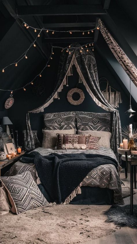 A cozy and stylish black boho-themed bedroom, beautifully captured in the photo. The room is adorned with dark walls, patterned textiles, and an eclectic mix of furniture, creating a warm and inviting atmosphere. A plush, bohemian-style bed is the focal point, featuring an intricately patterned headboard and comfortable-looking pillows. The room also displays a unique blend of vintage and modern elements, with a mix of candles, fairy lights, and contemporary decorative items., photo Black And Green Boho Bedroom, Dark Bohemian Bedroom Decor, Green Boho Bedroom Ideas, Dopamine Decorating, Ocean Inspired Bedroom, Patterned Headboard, Spooky Room, Black Boho Style, Green Boho Bedroom