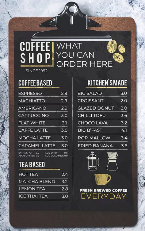 Coffee Shop Menu Template AI, PSD - Customizable and Editable - CMYK - 300 DPI - Print Ready. Download Coffee Shop Menu Board, Coffee Menu Design, Coffee Signage, Menu Board Design, Cafe Menu Design, Coffee Shop Menu, Coffee Shop Business, Small Coffee Shop, Coffee Shop Interior Design