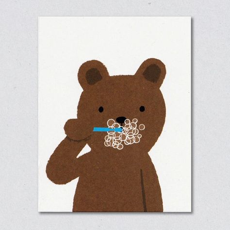 Brush Teeth Illustration, Teeth Illustration Art, Brushing Teeth Drawing, Bear Illustration Cute, Dentist Illustration, Bathroom Illustration, Illustration Bear, Back In 2000, Teeth Illustration