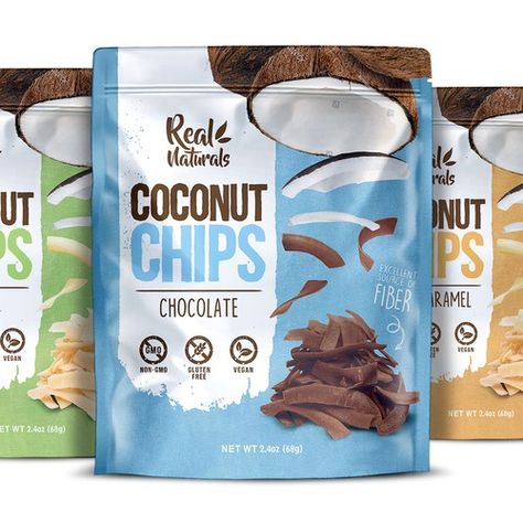 Real Naturals Coconut Chips Chip Packaging, Biscuits Packaging, Packaging Snack, Snack Packaging, Spices Packaging, Coconut Chips, Cool Packaging, Chocolate Packaging, Food Packaging Design