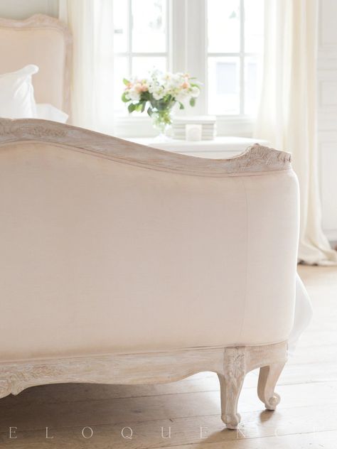 The Eloquence® Sophia Bed is the epitome of romance. This piece is carefully hand carved by craftsmen who understand how to shape and join the serpentine lines of this French Louis XV Style piece perfectly. This is a classic, French style piece which is crafted to become a piece to pass down to the next generation. A h Style Canopy Bed, French Canopy Bed, French Country Bed, Farmhouse Style Bedding, French Style Bed, Louis Xvi Furniture, Oak Bed, Lime Wash, French Bed