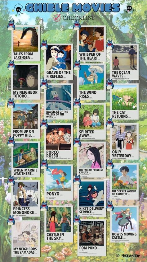 Studio Ghibli Checklist, Ghibli Checklist, Best Ghibli Movies, Studio Ghibli Movie List, All Studio Ghibli Movies, Good Animated Movies, Materi Bahasa Jepang, Ghibli Studio, Movie To Watch List