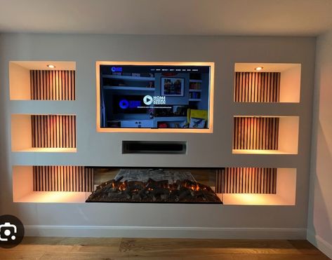 Media Wall Ideas, Electric Fireplace Ideas, Cinema Wall, Tv Mural, Media Walls, Floating Fireplace, Best Electric Fireplace, Feature Wall Living Room, Living Room Wall Units