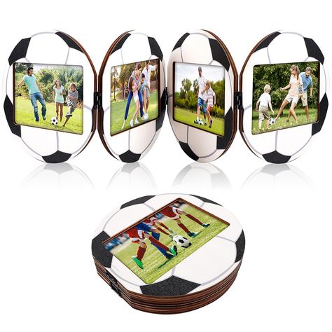 PRICES MAY VARY. 4-Hinged Photo Frame: A football shaped wooden photo frame, folded into 4 pieces, each measuring 4.8 "x 6.8", suitable for photos of 4 "x 6". With 4 photo frames, you can store many precious memories. It can be placed horizontally or vertically on the desktop. These quantities are sufficient to meet daily needs. Unique Pattern Design: these photo frames are designed with the shape of soccer, which can show the charm of sports and soccer and the expression of love for soccer. You Soccer Centerpieces Banquet, Soccer Centerpieces, Soccer Banquet, Soccer Decor, Picture Frame Wood, Soccer Gifts, Wooden Photo Frames, Tabletop Display, Frame Wood