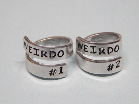 ''Weirdo Rings Set''. Weirdo #1 and Weirdo #2 Aluminum rings set perfect for couples, Best Friends or family. If you prefer your own quote, just let us know then we'll stamp what you want at no additional cost. Stamping done by hand each letter, name or design may have slight variations in alignment, spacing and depth. Each piece will not look alike, each piece is unique with detail. Other Products Here: https://www.etsy.com/ca/shop/FamilyHouseStampin?ref=hdr_shop_menu PURE 1100 ALUMINUM It is F Friendship Rings For 2 Best Friends, Bff Rings For 2, Best Friend Rings For 2, Weird Rings, Bestie Jewelry, Bff Rings, Friend Keychain, Best Friend Rings, Sister Rings