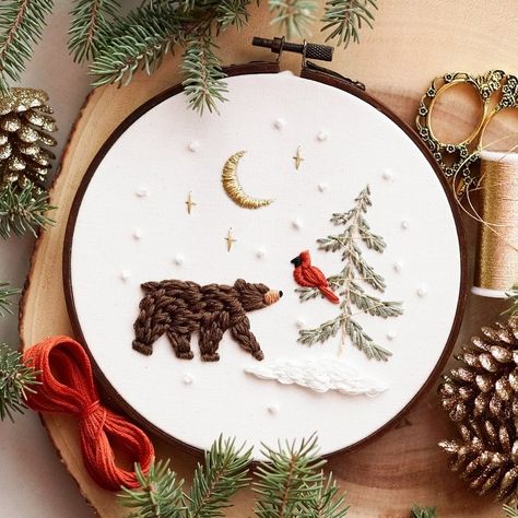 Magnus & Quill Embroidery on Instagram: “NEW PDF Pattern 🎄 + YouTube Tutorials Last week I had an inquiry to see if I would be able to make a bear embroidery in the same fashion…” Homemade Gifts For Husband Christmas, Polar Bear Embroidery, Winter Embroidery Patterns, Deer Embroidery Pattern, Embroidery Reindeer, Bear Embroidery Pattern, Cardinal Embroidery, Embroidery Bear, Christmas Hand Embroidery