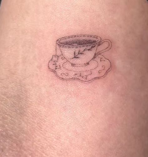 Dainty Tea Cup Tattoo, Cute Tea Tattoo, Tea Cup And Saucer Tattoo, Tea Cup And Pot Tattoo, Tulip In A Cup Tattoo, Tiny Teapot Tattoo, My Cup Runneth Over Tattoo, Teapot And Teacup Tattoo, Subtle Alice In Wonderland Tattoo