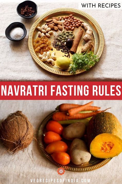 Do you have trouble remembering what you can and can't have during Navratri fasting days? Then check out this collection of food that can and can't be had during this religious fasting time. I go through spices, vegetables, flours, and grains that can be had during this time and ones that shouldn't be consumed during this time. Check out these tips and rules before Navratri fasting comes around again! #fastingfood #food #rules #Navratrifasting #Indianfasting Religious Fasting, Navratri Pooja, Veg Diet, Indian Cuisine Recipes, Navratri Recipes, Authentic Indian Recipes, Veg Recipes Of India, Fasting Food, Spiced Vegetables