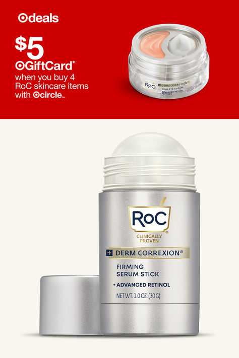 Try RoC’s clinically proven formulas for younger looking skin. $5 Target GiftCard when you buy 4 RoC skincare items with Target Circle. Terms & conditions apply to gift cards. Roc Skincare, Skincare Items, Firming Serum, Younger Looking Skin, Shop Target, Eye Cream, Retinol, Gift Cards, Beauty Skin