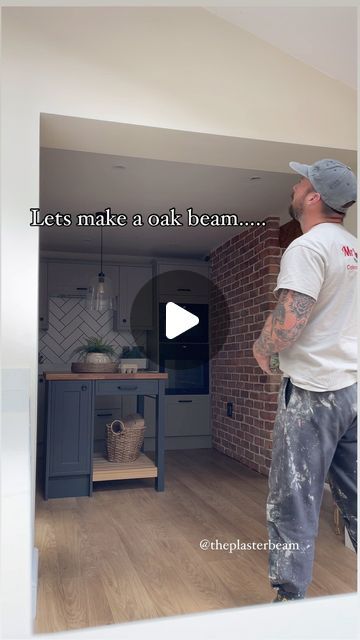 The Plaster Beam on Instagram: "A nice big chunky oak piece added to this kitchen 🪵

Packed with detail 👨🏻‍🎨

Completely transformed the room 👏

#theplasterbeam #beams #oak #wood #faux #imitation #kitchen #house #inspiration #cottage #feature #mrsmoothplastering #shropshire #shrewsbury #renovation #extension #newbuild" Oak Beam Kitchen, Faux Beam Archway, Faux Oak Beams, Fake Wood Beams, Beam In Kitchen, White Oak Kitchen, Faux Beams, Faux Wood Beams, Steel Beams