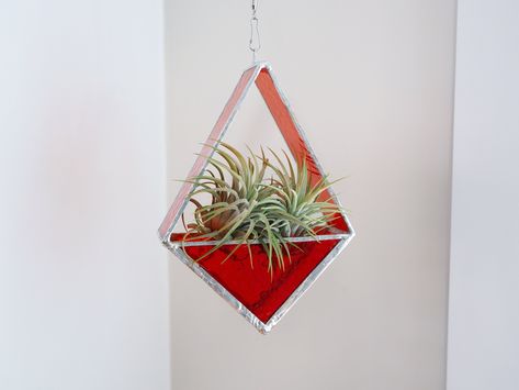 Glass Air Plant Holder, Orange Hanging, Large Air Plants, Stained Glass Mirror, Air Plants Care, Air Plant Holder, Glass Terrarium, Functional Decor, Geometric Diamond