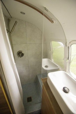 1978 Airstream Sovereign 31 - Washington, Seattle Airstream Bathroom, Removable Shower Head, Airstream Living, Airstream Bambi, Vinyl Wall Tiles, Renovation Process, Airstream Remodel, Washington Seattle, Airstream Interior