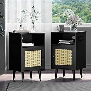 Cozy Castle Rattan Nightstand Set of 2 with Charging Station, Boho Side Table with Cabinet, Mid Century Modern Nightstand for Bedroom Modern Bed Side Table, Cozy Castle, Boho Bedside Table, Boho Side Table, Rattan Nightstand, Mid Century Modern Bed, Mid Century Modern Nightstand, Mid Century Nightstand, Nightstand Set