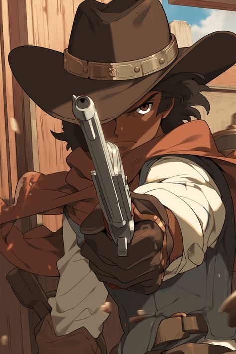 Trailblazin' Justice In the small town of Dusty Creek, Sheriff Jake "Trailblazin'" Justice was known as the fastest gun in the West. With his trusty sidekick Snakebite... Read the rest by clicking the link in bio #fiction #microfiction #blerd #blerdfiction #blackart #afroart #midjourney #aiart #aiartist #blackcreatives #midjourneycommunity #illustration #painting #generativeart #aiartcommunity #aiartdaily #westernfiction #western #cowgirls #cowboy #anime #blackanime #blxckanime Cowboy Hat Reference Angles, Anime Cowboy Art, Wild West Drawing, Cowgirl Oc, Anime Cowgirl, Western Gunslinger, Gunslinger Art, Cowboy Cartoon, Western Sheriff