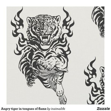 Angry tiger in tongues of flame fabric Vermilion Bird, Flame Tattoo, Angry Tiger, Flame Tattoos, Hand Tattoos For Guys, Mythological Creatures, Big Cat, Paramore, Eco Friendly Fabric