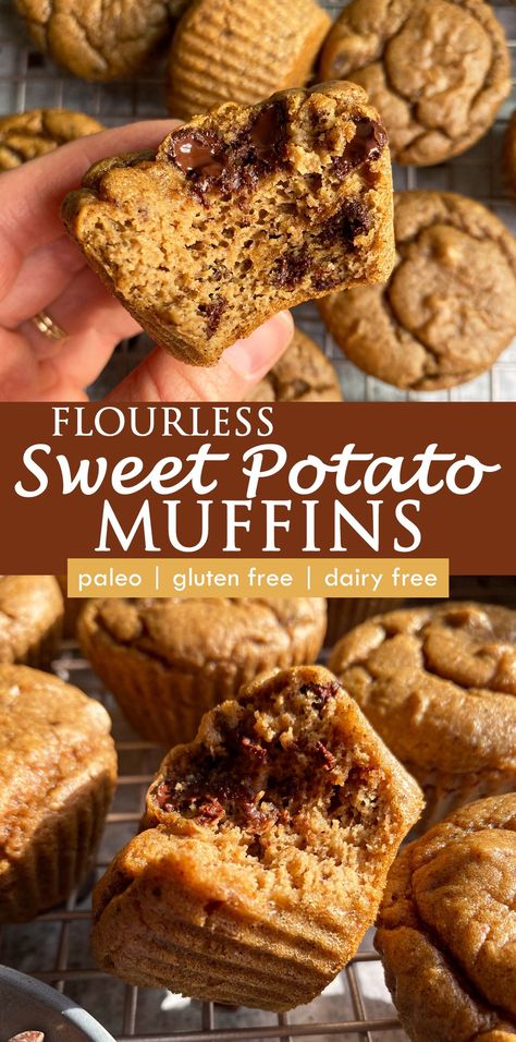 Paleo Sweet Potato Muffins, Healthy Sweet Potato Muffins, Sweet Potato Dessert Recipes, Paleo Baking Powder, Paleo Muffin Recipes, Sweet Potato Muffin Recipe, Sweet Potato Cookies, Sweet Potato Dessert, Sweet Potato Chocolate