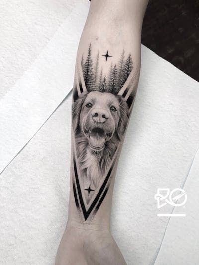 Tatoo Dog, Dog Portrait Tattoo, Dog Memorial Tattoos, Tattoo Dog, 3d Dog, Geometric 3d, Memorial Tattoos, Dog Tattoo, Ankle Tattoo